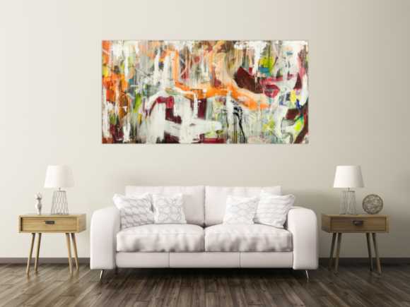 Original Gemälde abstrakt 100x200cm Action Painting expressionistisch handgefertigt Mischtechnik weiß beige orange Unikat