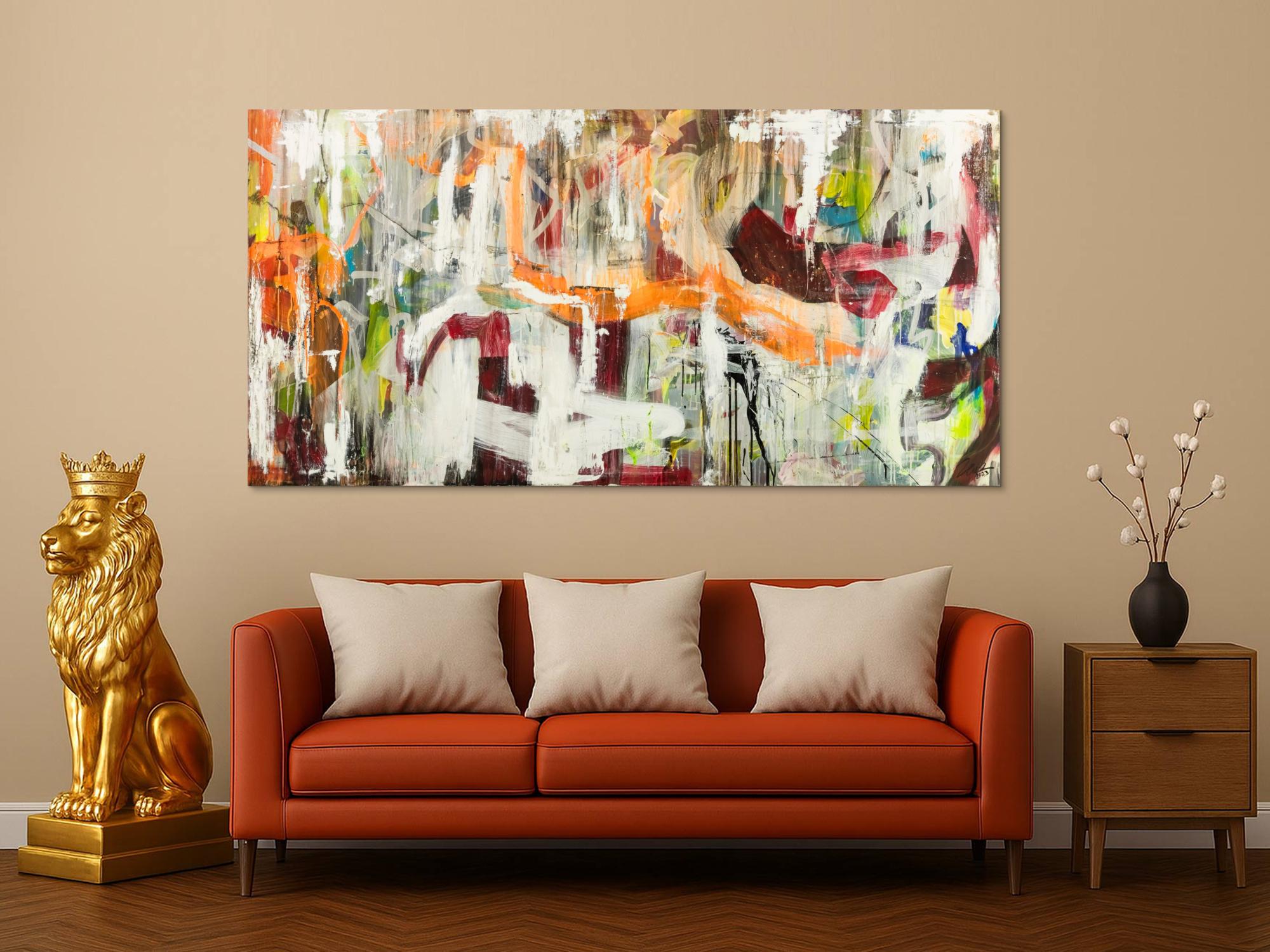 Original Gemälde abstrakt 100x200cm Action Painting expressionistisch handgefertigt Mischtechnik weiß beige orange Unikat