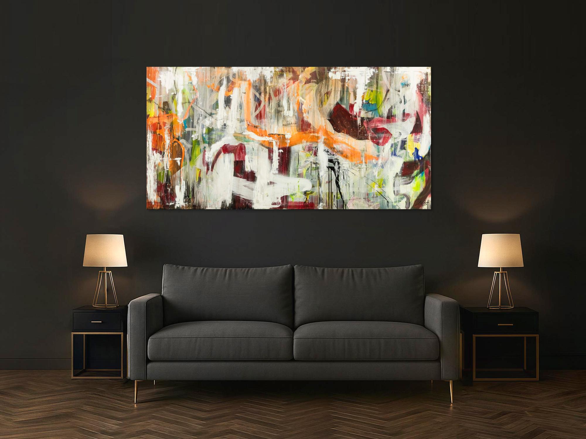 Original Gemälde abstrakt 100x200cm Action Painting expressionistisch handgefertigt Mischtechnik weiß beige orange Unikat