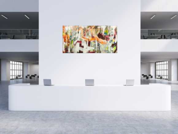 Original Gemälde abstrakt 100x200cm Action Painting expressionistisch handgefertigt Mischtechnik weiß beige orange Unikat