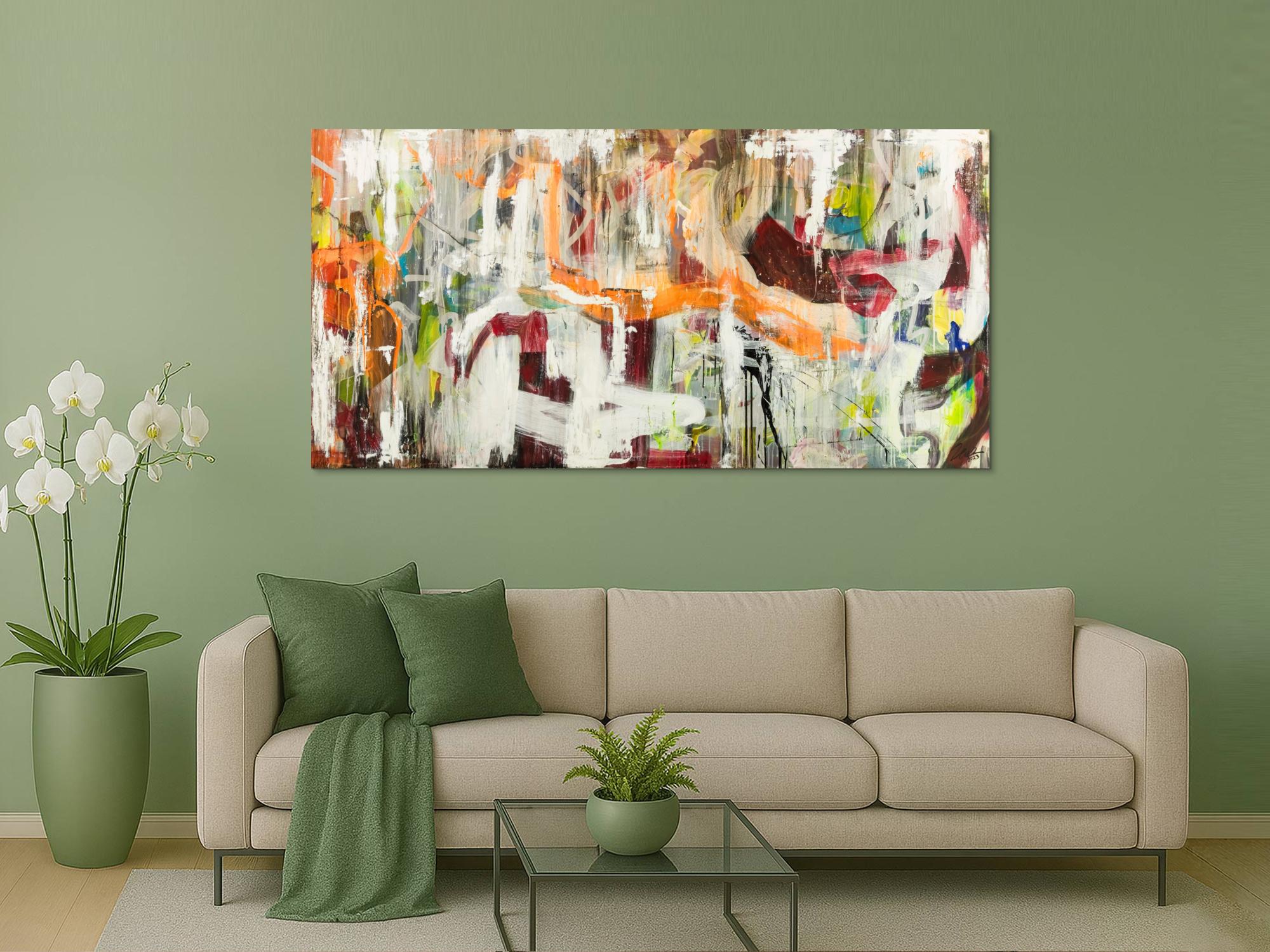 Original Gemälde abstrakt 100x200cm Action Painting expressionistisch handgefertigt Mischtechnik weiß beige orange Unikat