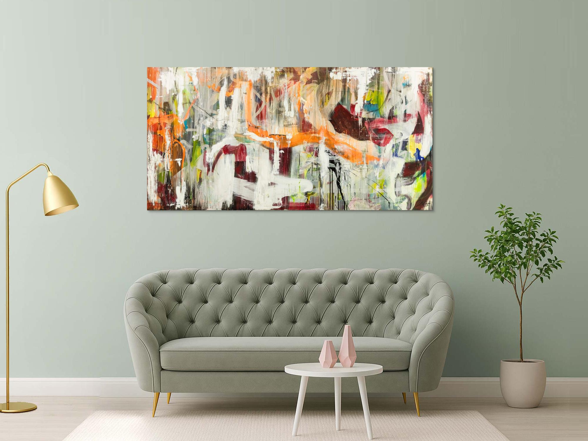 Original Gemälde abstrakt 100x200cm Action Painting expressionistisch handgefertigt Mischtechnik weiß beige orange Unikat
