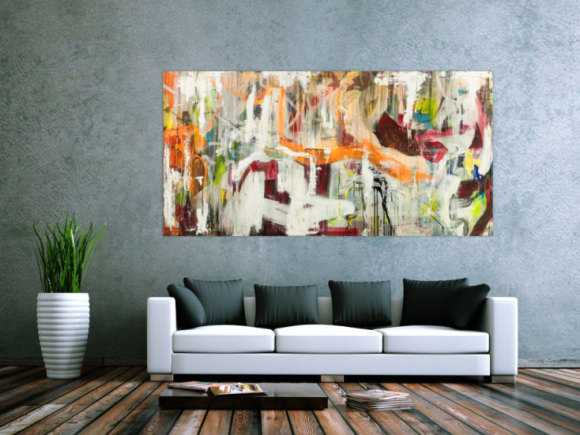 Original Gemälde abstrakt 100x200cm Action Painting expressionistisch handgefertigt Mischtechnik weiß beige orange Unikat