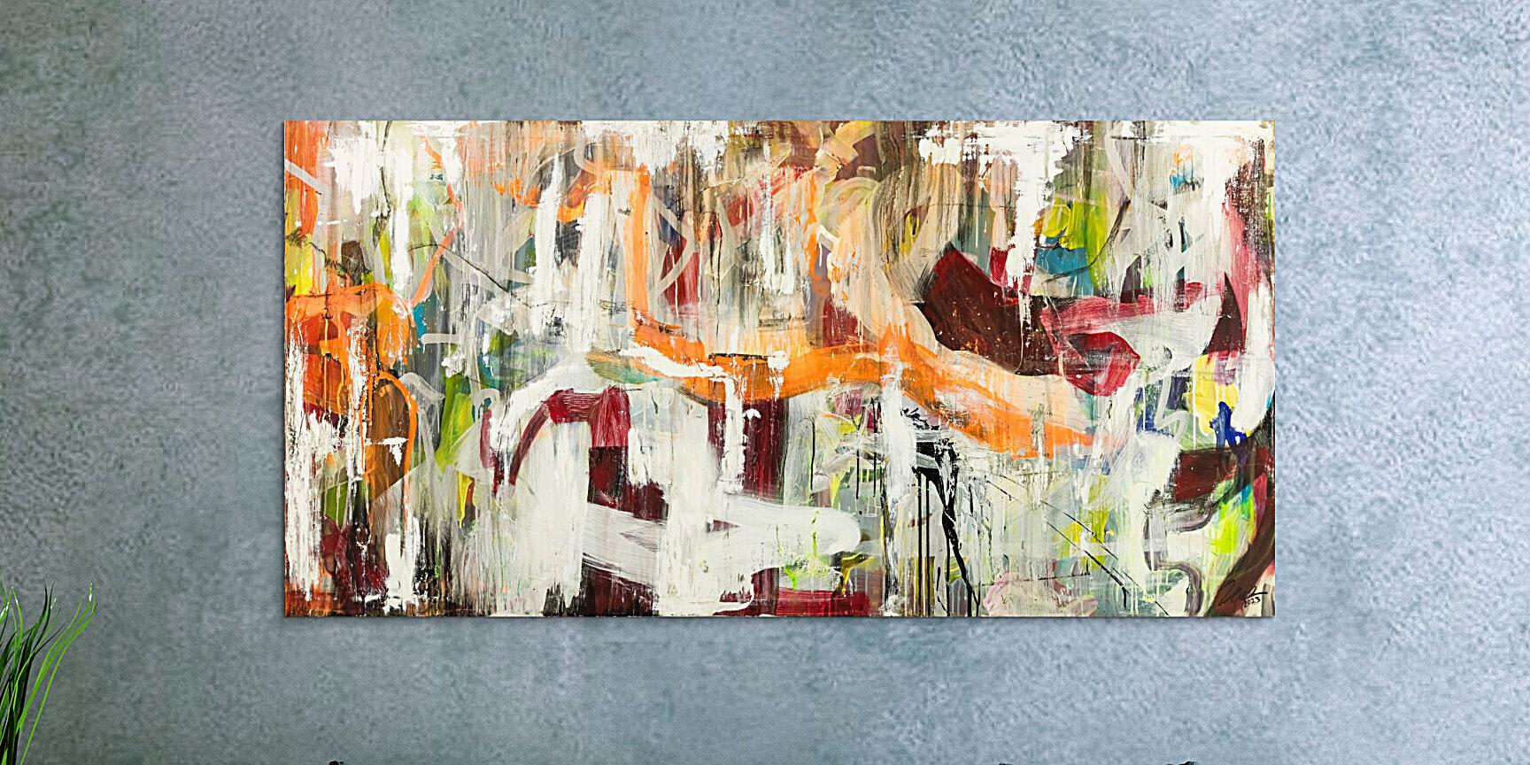 Original Gemälde abstrakt 100x200cm Action Painting expressionistisch handgefertigt Mischtechnik weiß beige orange Unikat