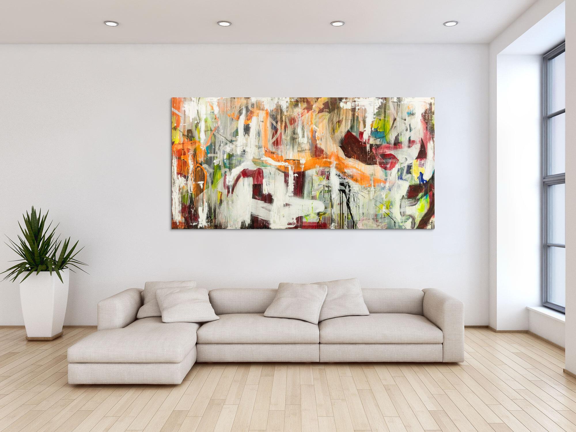Original Gemälde abstrakt 100x200cm Action Painting expressionistisch handgefertigt Mischtechnik weiß beige orange Unikat