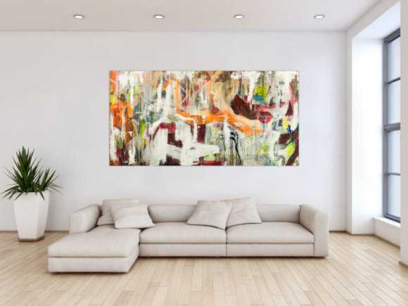 Original Gemälde abstrakt 100x200cm Action Painting expressionistisch handgefertigt Mischtechnik weiß beige orange Unikat