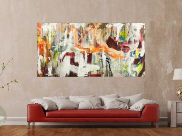 Original Gemälde abstrakt 100x200cm Action Painting expressionistisch handgefertigt Mischtechnik weiß beige orange Unikat