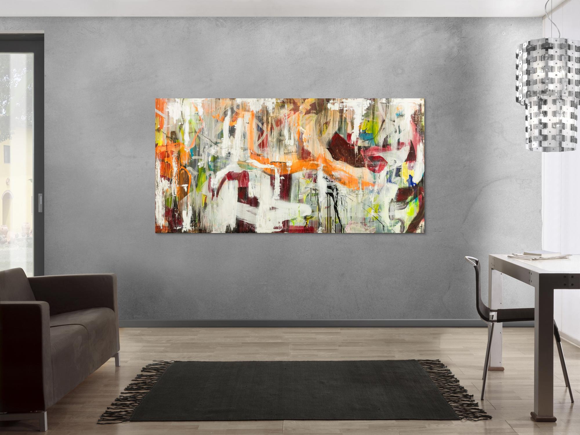Original Gemälde abstrakt 100x200cm Action Painting expressionistisch handgefertigt Mischtechnik weiß beige orange Unikat