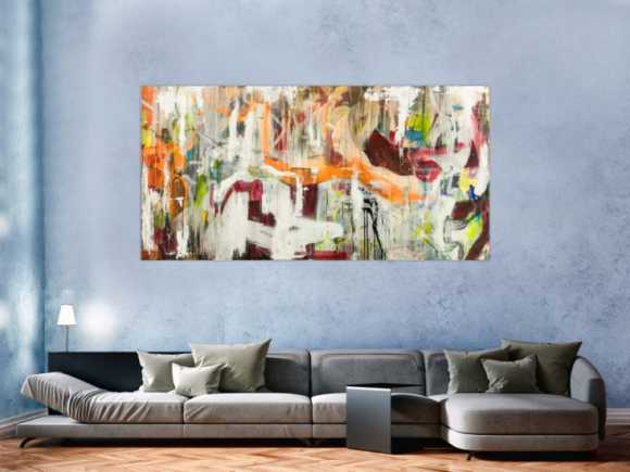 Original Gemälde abstrakt 100x200cm Action Painting expressionistisch handgefertigt Mischtechnik weiß beige orange Unikat