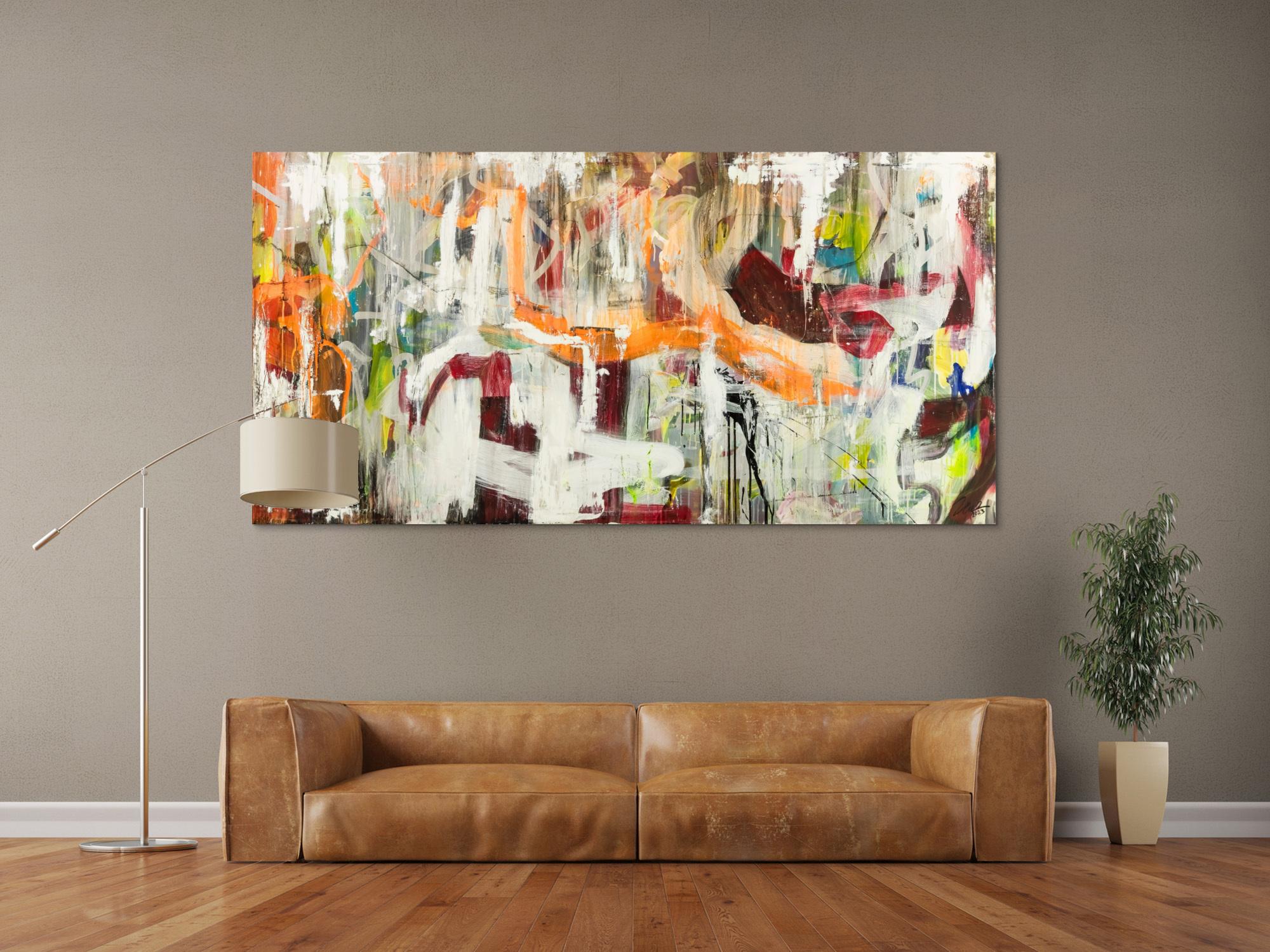 Original Gemälde abstrakt 100x200cm Action Painting expressionistisch handgefertigt Mischtechnik weiß beige orange Unikat