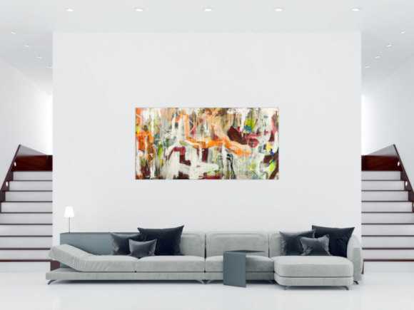 Original Gemälde abstrakt 100x200cm Action Painting expressionistisch handgefertigt Mischtechnik weiß beige orange Unikat