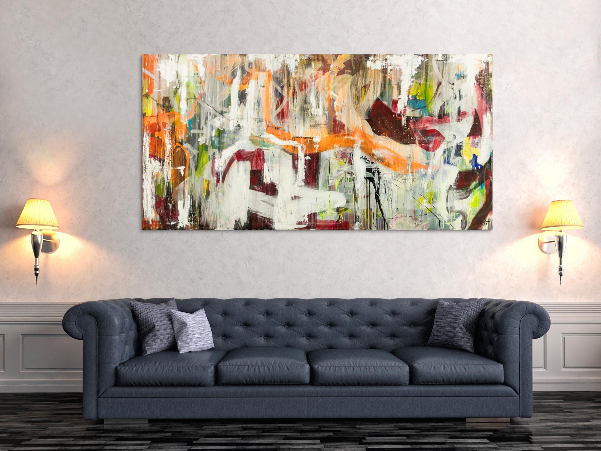 Original Gemälde abstrakt 100x200cm Action Painting expressionistisch handgefertigt Mischtechnik weiß beige orange Unikat