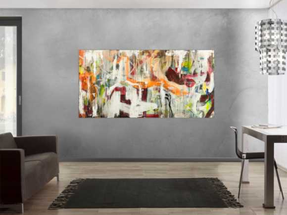 Original Gemälde abstrakt 100x200cm Action Painting expressionistisch handgefertigt Mischtechnik weiß beige orange Unikat