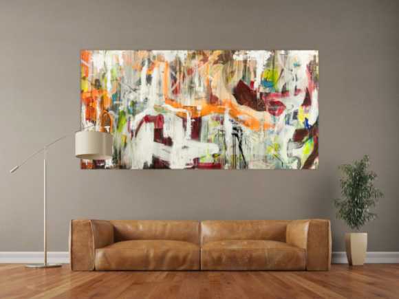 Original Gemälde abstrakt 100x200cm Action Painting expressionistisch handgefertigt Mischtechnik weiß beige orange Unikat