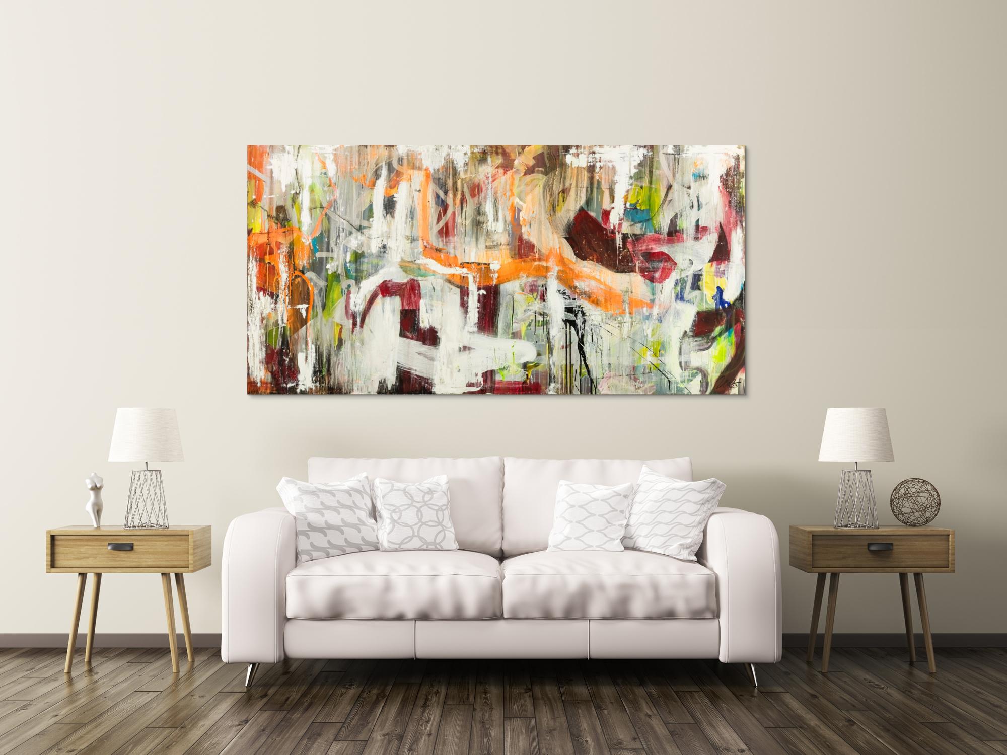 Original Gemälde abstrakt 100x200cm Action Painting expressionistisch handgefertigt Mischtechnik weiß beige orange Unikat