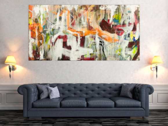 Original Gemälde abstrakt 100x200cm Action Painting expressionistisch handgefertigt Mischtechnik weiß beige orange Unikat