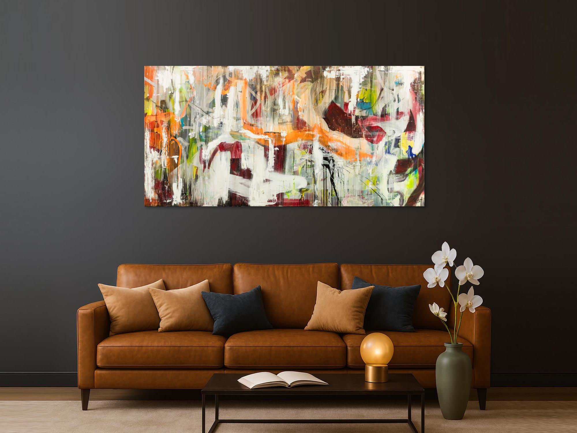 Original Gemälde abstrakt 100x200cm Action Painting expressionistisch handgefertigt Mischtechnik weiß beige orange Unikat