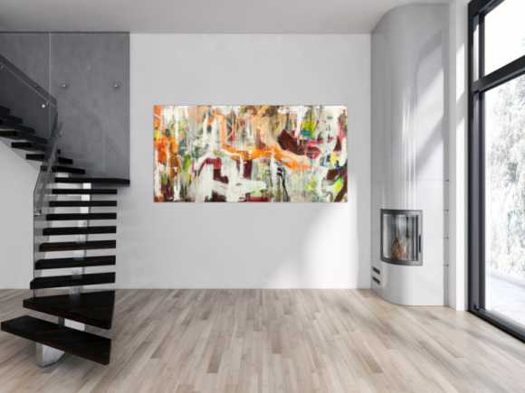 Original Gemälde abstrakt 100x200cm Action Painting expressionistisch handgefertigt Mischtechnik weiß beige orange Unikat