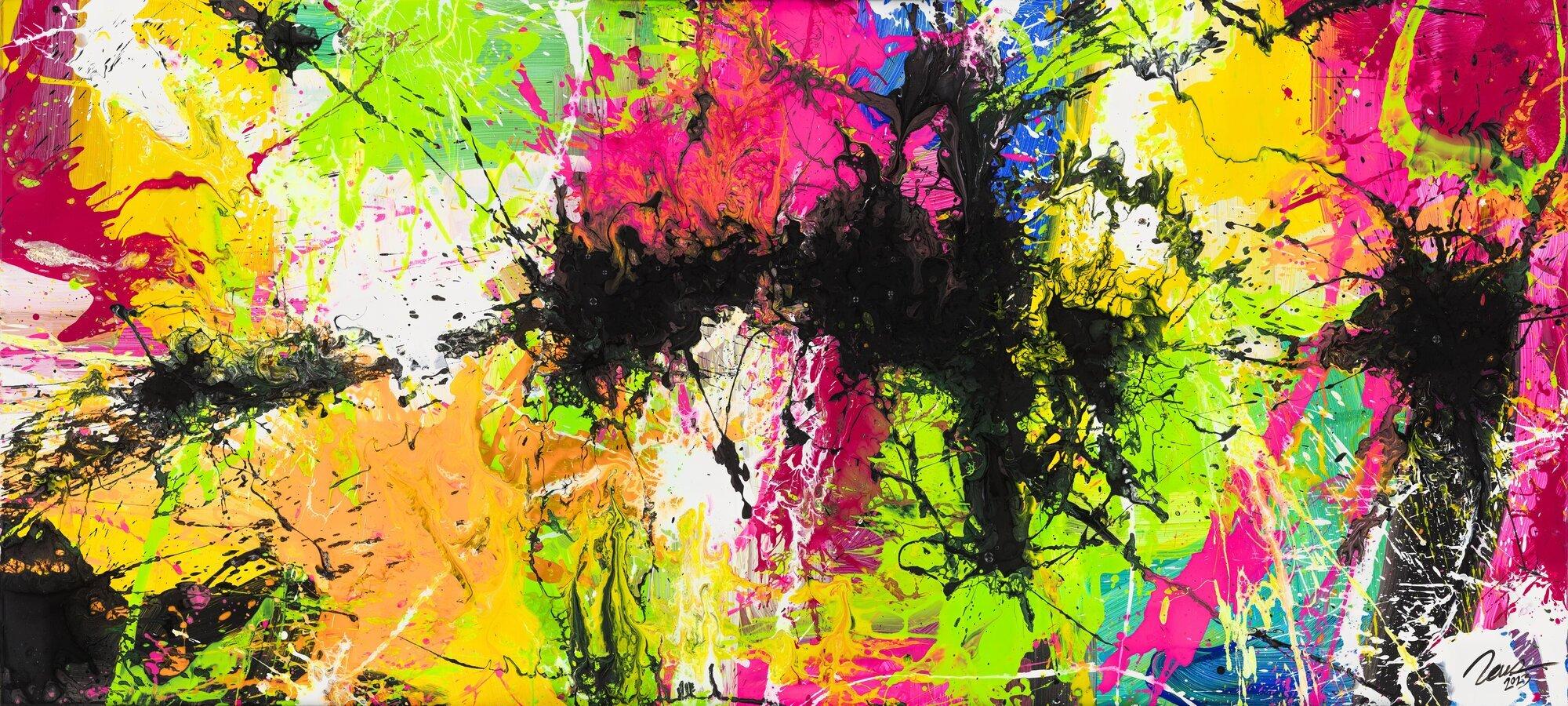 Gemälde Original abstrakt 90x200cm Action Painting expressionistisch auf Leinwand Splash Art NEON bunt gelb schwarz Unikat