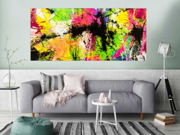 Gemälde Original abstrakt 90x200cm Action Painting expressionistisch auf Leinwand Splash Art NEON bunt gelb schwarz Unikat
