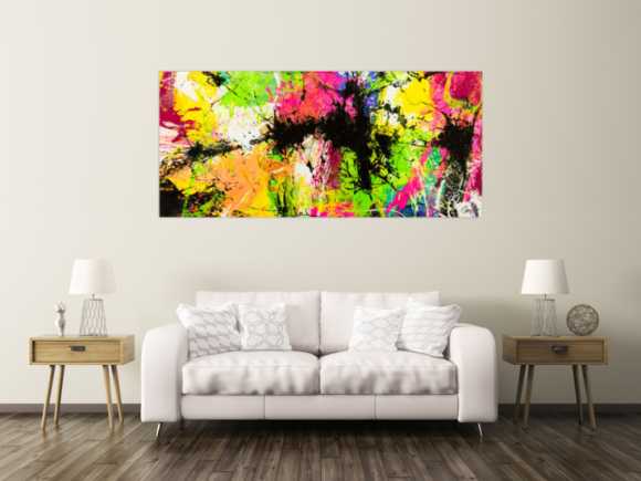 Gemälde Original abstrakt 90x200cm Action Painting expressionistisch auf Leinwand Splash Art NEON bunt gelb schwarz Unikat