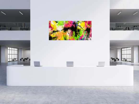 Gemälde Original abstrakt 90x200cm Action Painting expressionistisch auf Leinwand Splash Art NEON bunt gelb schwarz Unikat