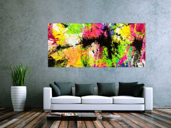 Gemälde Original abstrakt 90x200cm Action Painting expressionistisch auf Leinwand Splash Art NEON bunt gelb schwarz Unikat
