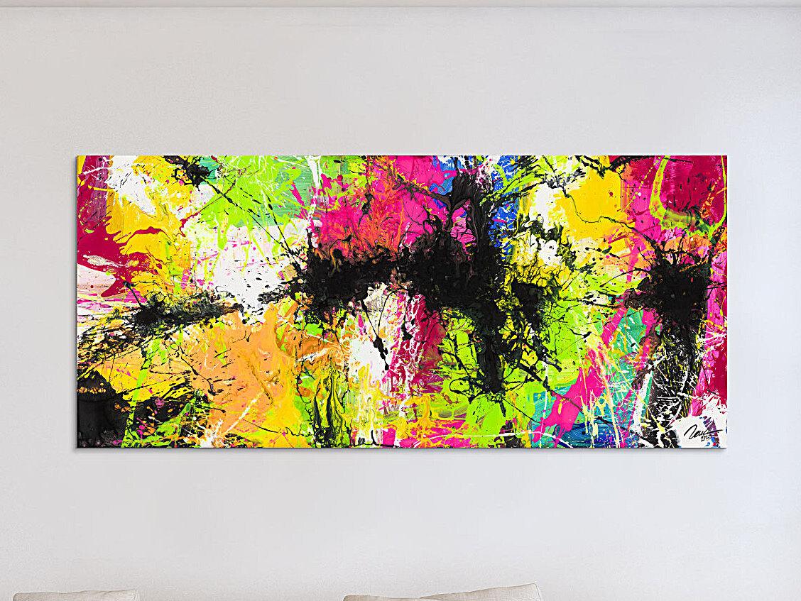Gemälde Original abstrakt 90x200cm Action Painting expressionistisch auf Leinwand Splash Art NEON bunt gelb schwarz Unikat