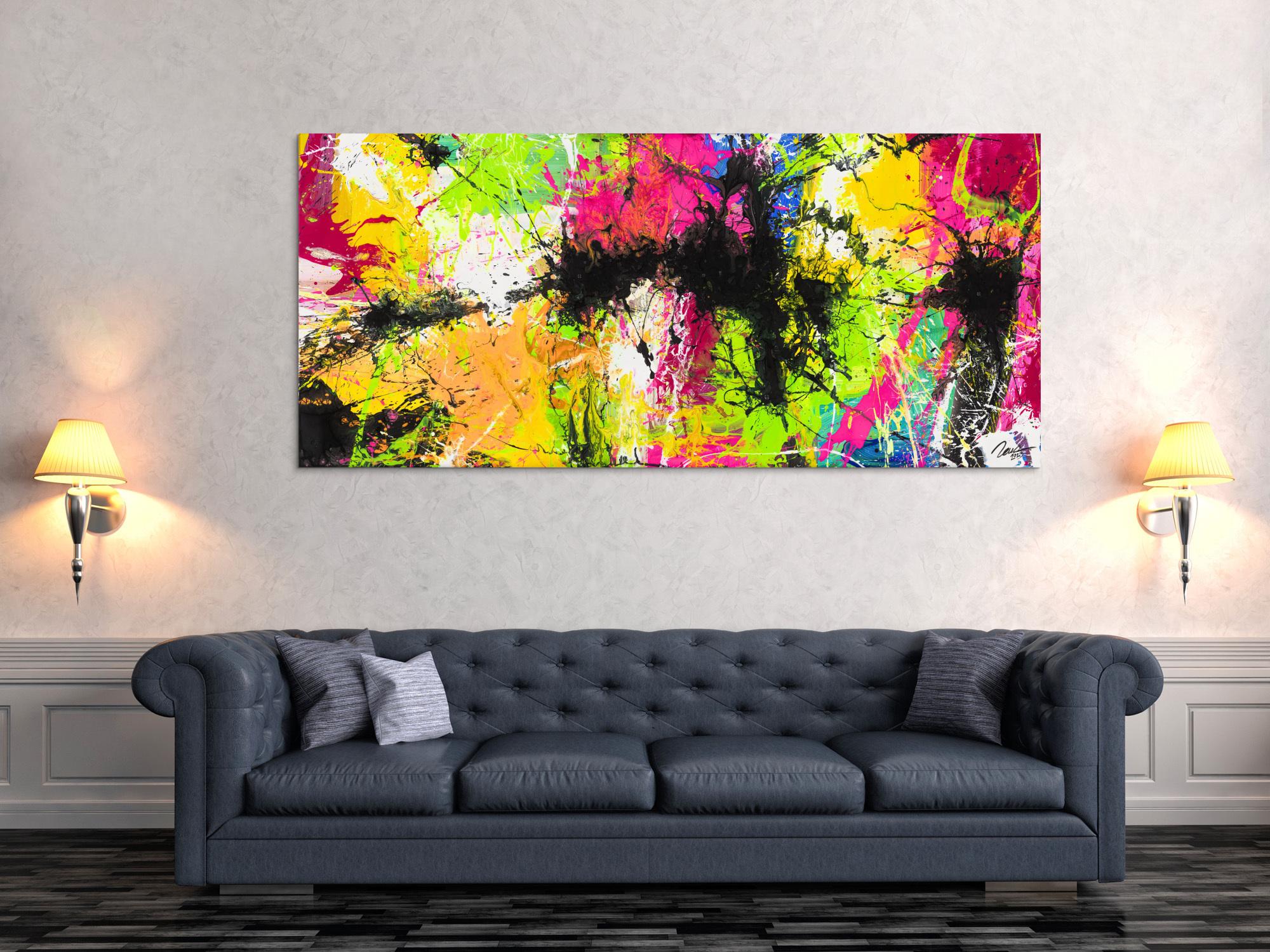 Gemälde Original abstrakt 90x200cm Action Painting expressionistisch auf Leinwand Splash Art NEON bunt gelb schwarz Unikat