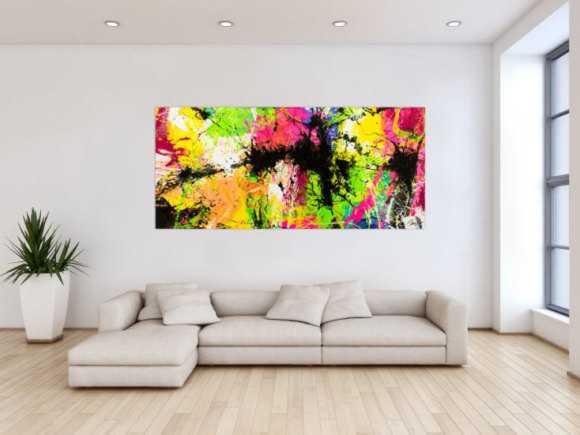 Gemälde Original abstrakt 90x200cm Action Painting expressionistisch auf Leinwand Splash Art NEON bunt gelb schwarz Unikat