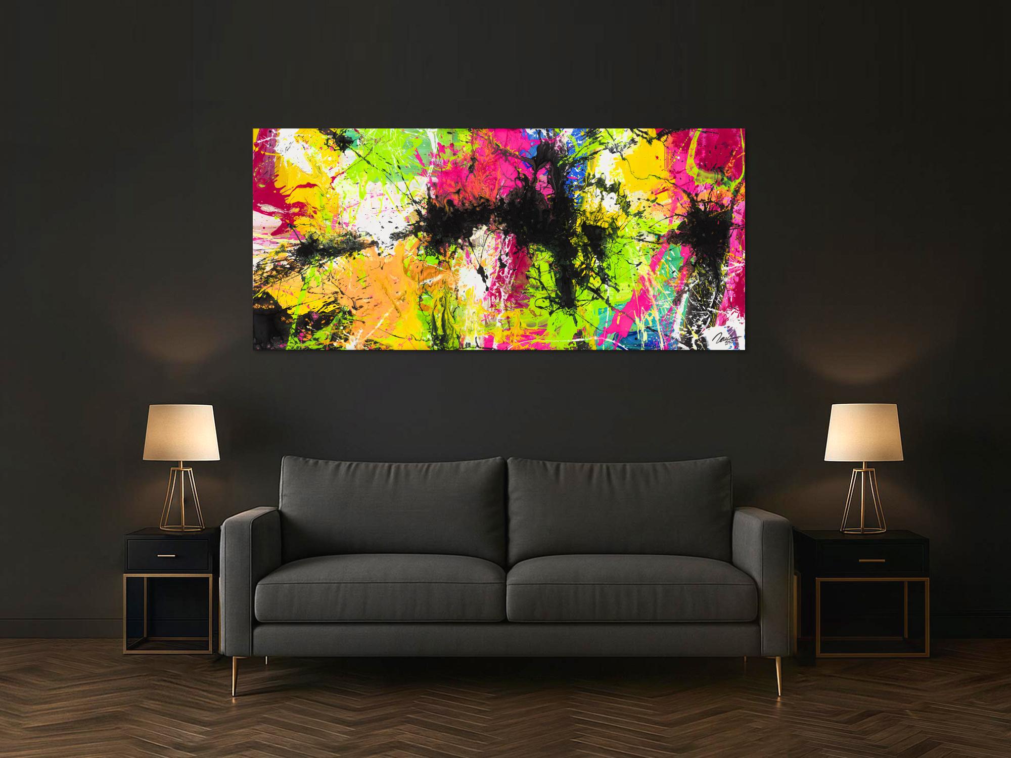 Gemälde Original abstrakt 90x200cm Action Painting expressionistisch auf Leinwand Splash Art NEON bunt gelb schwarz Unikat