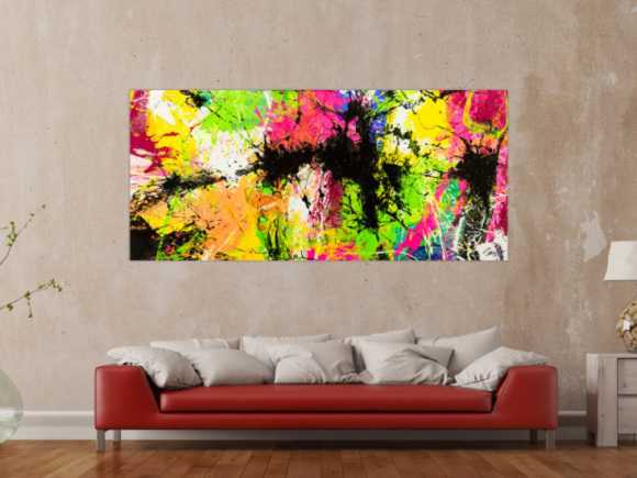 Gemälde Original abstrakt 90x200cm Action Painting expressionistisch auf Leinwand Splash Art NEON bunt gelb schwarz Unikat