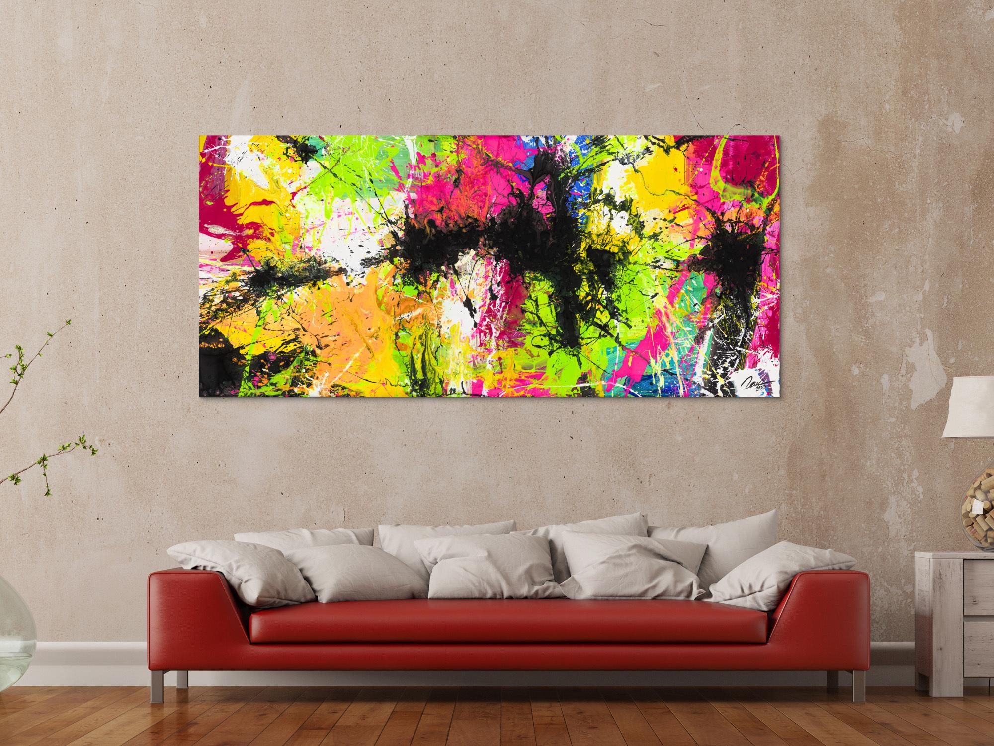 Gemälde Original abstrakt 90x200cm Action Painting expressionistisch auf Leinwand Splash Art NEON bunt gelb schwarz Unikat