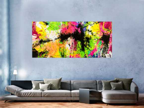 Gemälde Original abstrakt 90x200cm Action Painting expressionistisch auf Leinwand Splash Art NEON bunt gelb schwarz Unikat