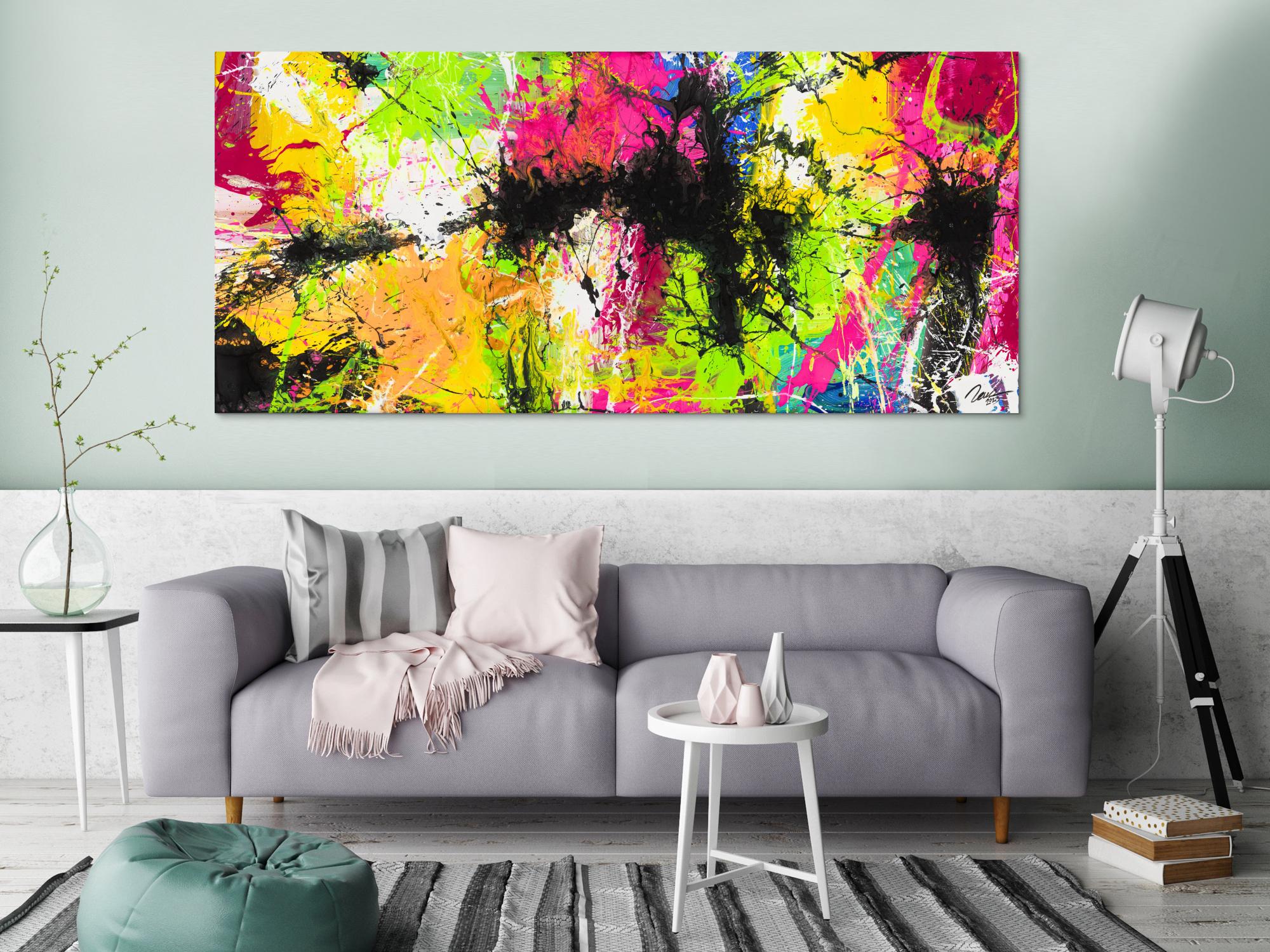 Gemälde Original abstrakt 90x200cm Action Painting expressionistisch auf Leinwand Splash Art NEON bunt gelb schwarz Unikat