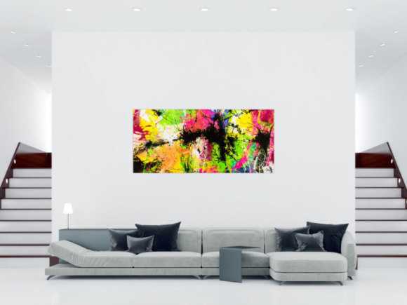 Gemälde Original abstrakt 90x200cm Action Painting expressionistisch auf Leinwand Splash Art NEON bunt gelb schwarz Unikat