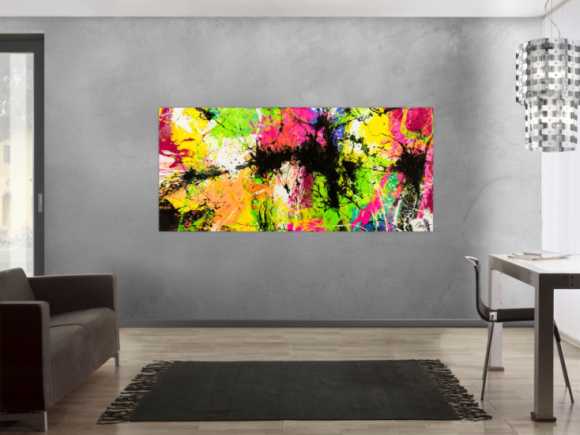 Gemälde Original abstrakt 90x200cm Action Painting expressionistisch auf Leinwand Splash Art NEON bunt gelb schwarz Unikat