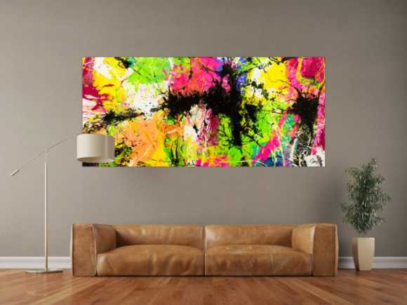 Gemälde Original abstrakt 90x200cm Action Painting expressionistisch auf Leinwand Splash Art NEON bunt gelb schwarz Unikat