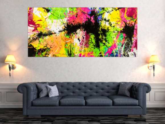 Gemälde Original abstrakt 90x200cm Action Painting expressionistisch auf Leinwand Splash Art NEON bunt gelb schwarz Unikat