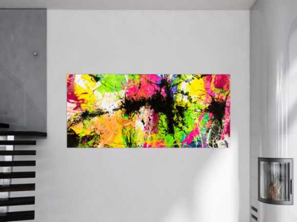 Gemälde Original abstrakt 90x200cm Action Painting expressionistisch auf Leinwand Splash Art NEON bunt gelb schwarz Unikat