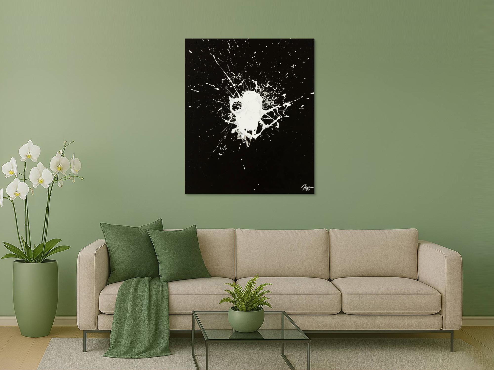 Original Gemälde Fleck abstrakt 120x100cm Minimalistisch expressionistisch auf Leinwand Action Painting schwarz weiß Einzelstück