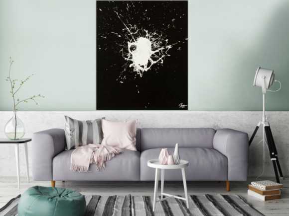 Original Gemälde Fleck abstrakt 120x100cm Minimalistisch expressionistisch auf Leinwand Action Painting schwarz weiß Einzelstück