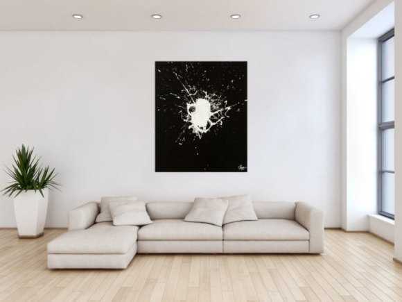 Original Gemälde Fleck abstrakt 120x100cm Minimalistisch expressionistisch auf Leinwand Action Painting schwarz weiß Einzelstück