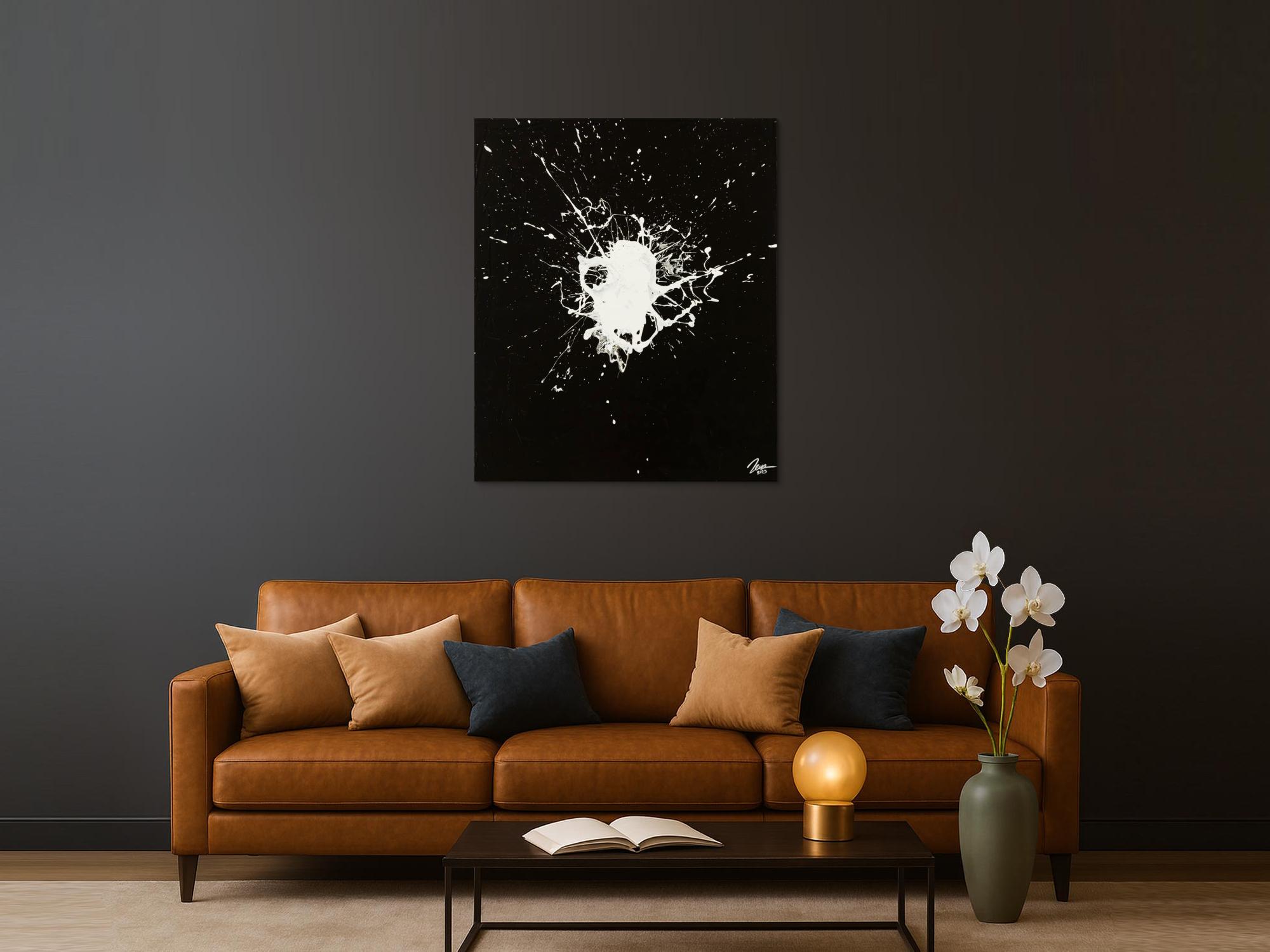 Original Gemälde Fleck abstrakt 120x100cm Minimalistisch expressionistisch auf Leinwand Action Painting schwarz weiß Einzelstück