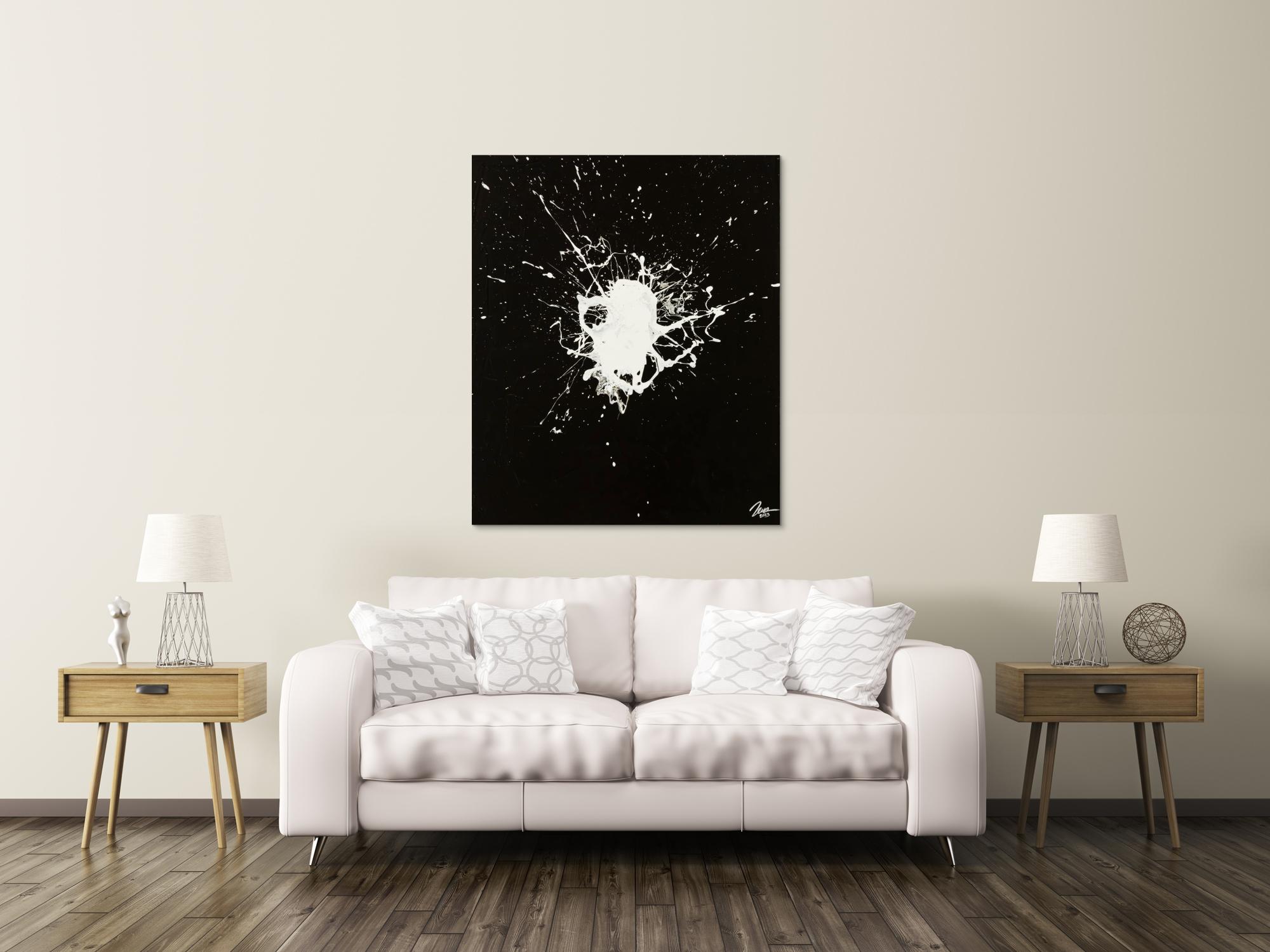 Original Gemälde Fleck abstrakt 120x100cm Minimalistisch expressionistisch auf Leinwand Action Painting schwarz weiß Einzelstück