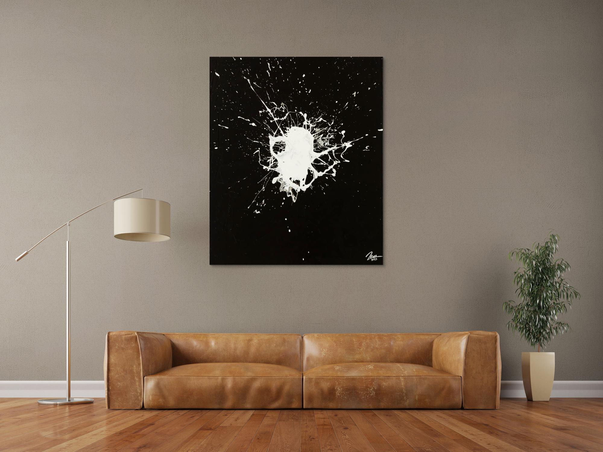 Original Gemälde Fleck abstrakt 120x100cm Minimalistisch expressionistisch auf Leinwand Action Painting schwarz weiß Einzelstück