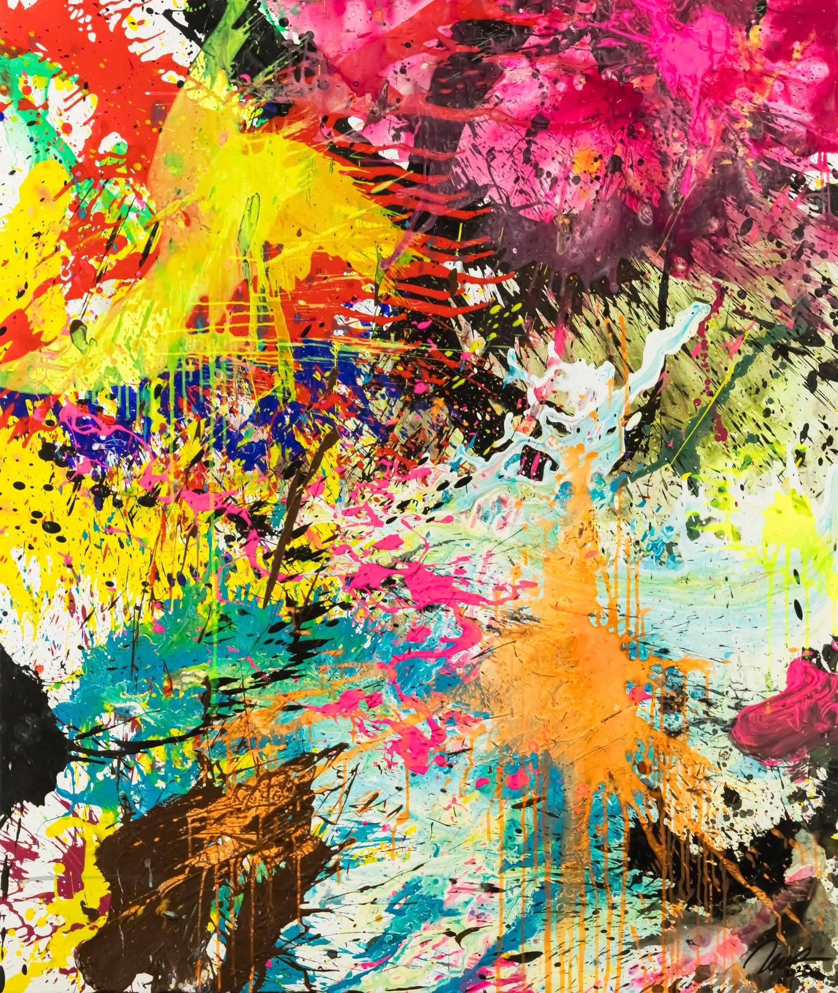 Abstraktes Original Gemälde 130x110cm Action Painting expressionistisch handgemalt Mischtechnik bunt neon hochwertig