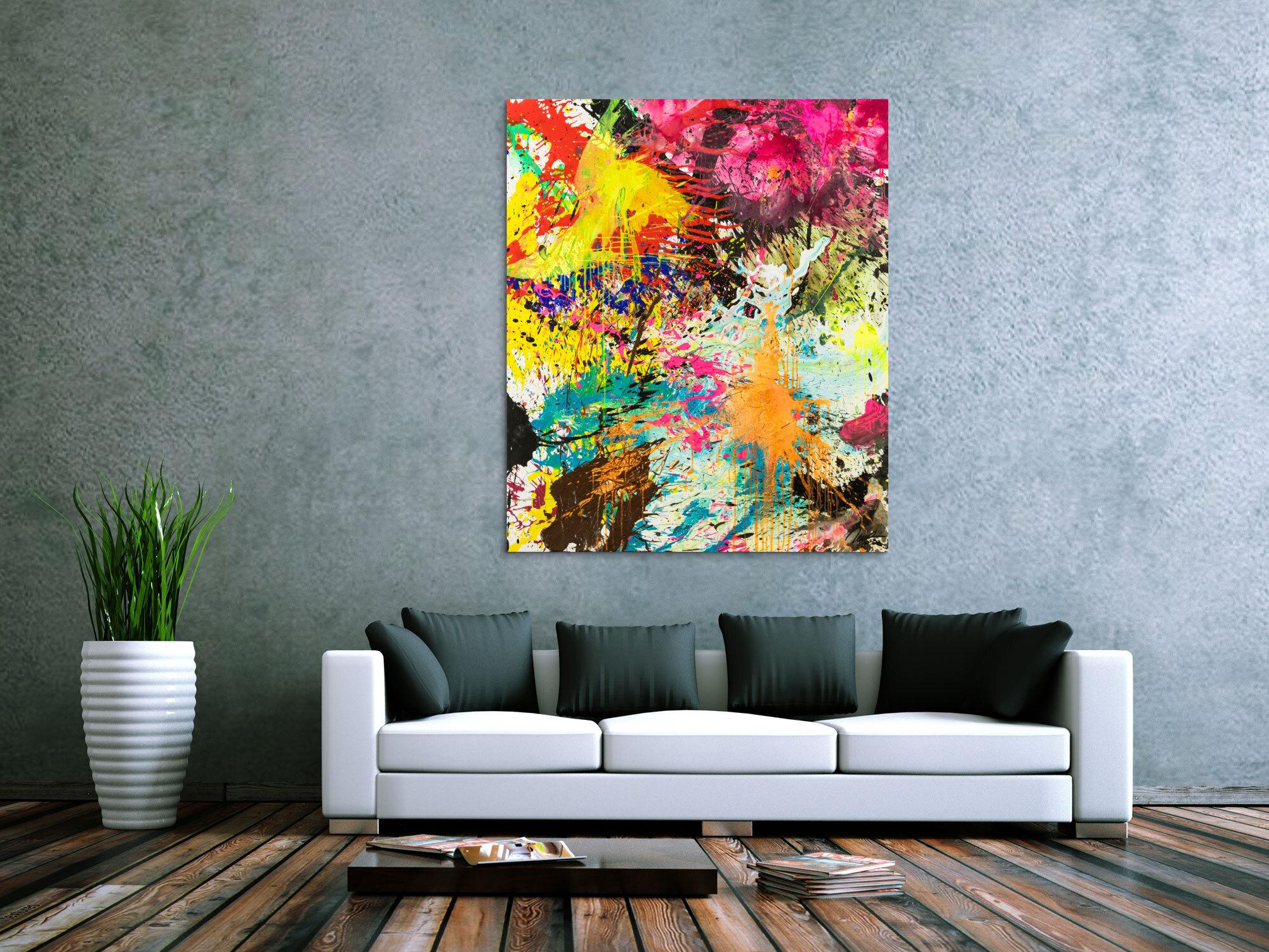 Abstraktes Original Gemälde 130x110cm Action Painting expressionistisch handgemalt Mischtechnik bunt neon hochwertig