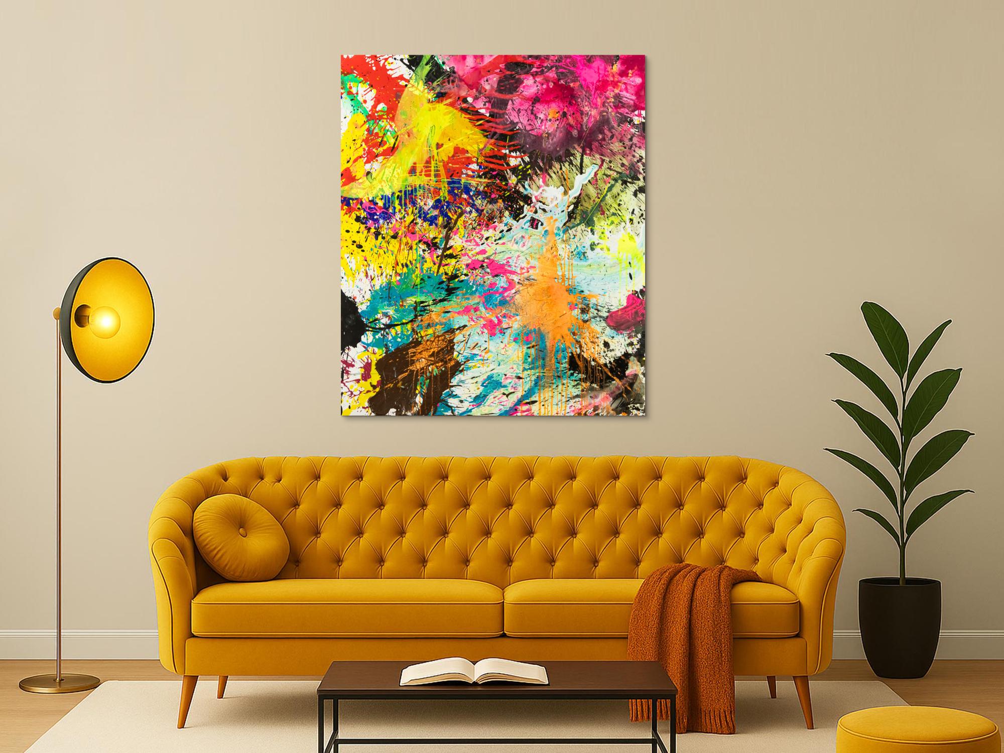 Abstraktes Original Gemälde 130x110cm Action Painting expressionistisch handgemalt Mischtechnik bunt neon hochwertig