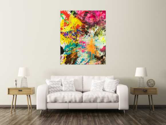 Abstraktes Original Gemälde 130x110cm Action Painting expressionistisch handgemalt Mischtechnik bunt neon hochwertig
